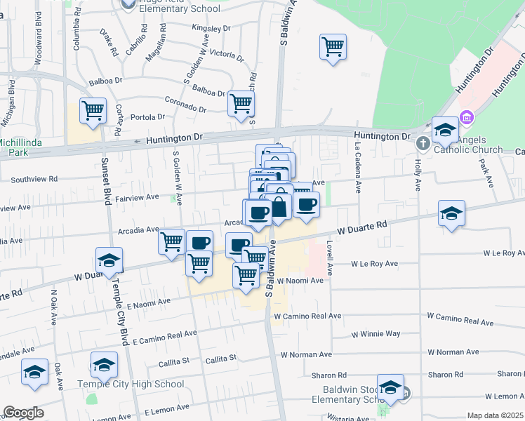 map of restaurants, bars, coffee shops, grocery stores, and more near 10291/2 South Baldwin Avenue in Arcadia