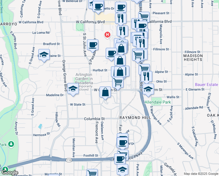map of restaurants, bars, coffee shops, grocery stores, and more near 75 West Glenarm Street in Pasadena