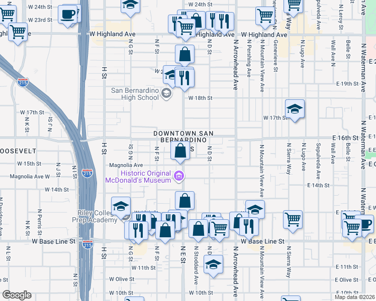 map of restaurants, bars, coffee shops, grocery stores, and more near in San Bernardino