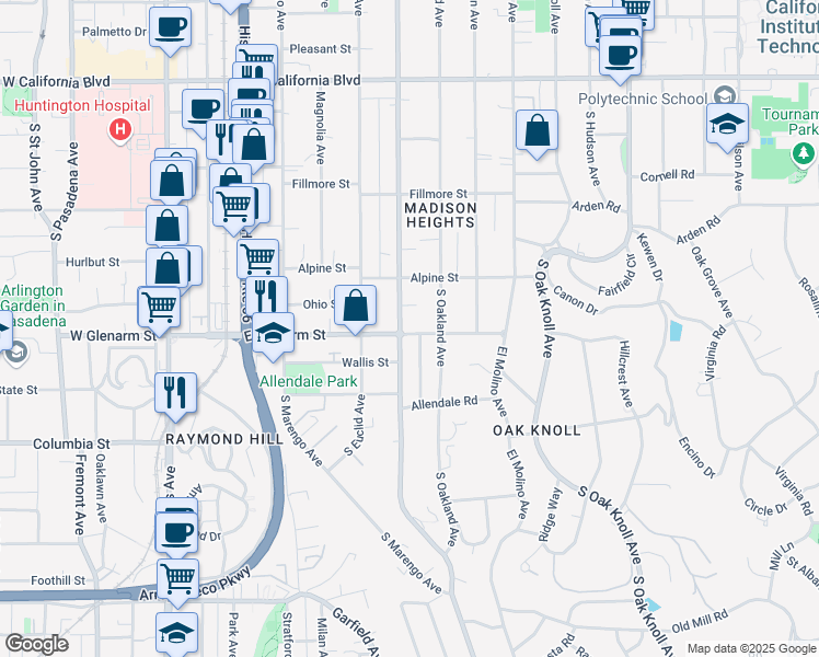 map of restaurants, bars, coffee shops, grocery stores, and more near 441 East Glenarm Street in Pasadena