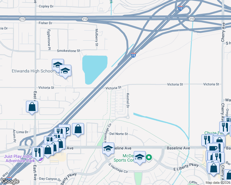 map of restaurants, bars, coffee shops, grocery stores, and more near 13827-13843 Victoria Street in Fontana