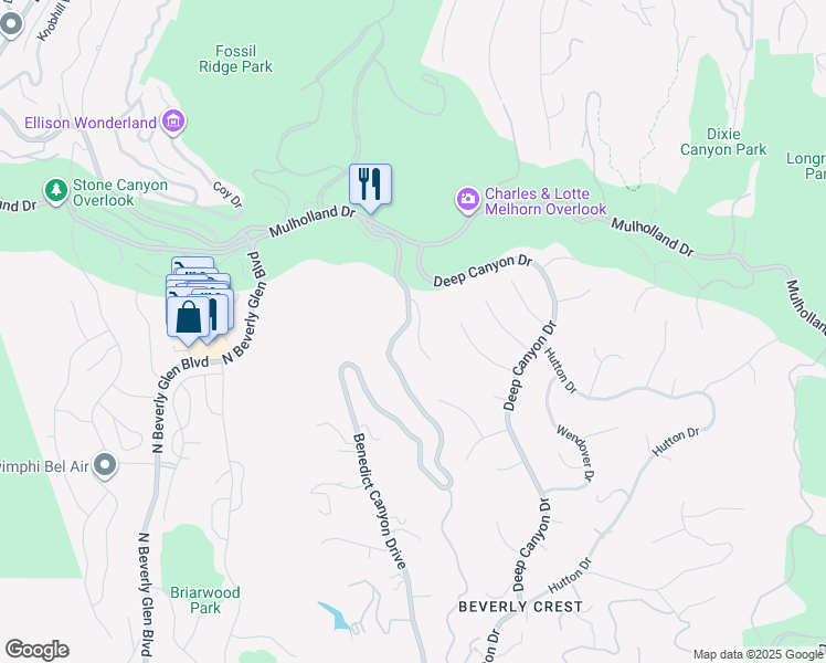 map of restaurants, bars, coffee shops, grocery stores, and more near 3110 Benedict Canyon Drive in Beverly Hills