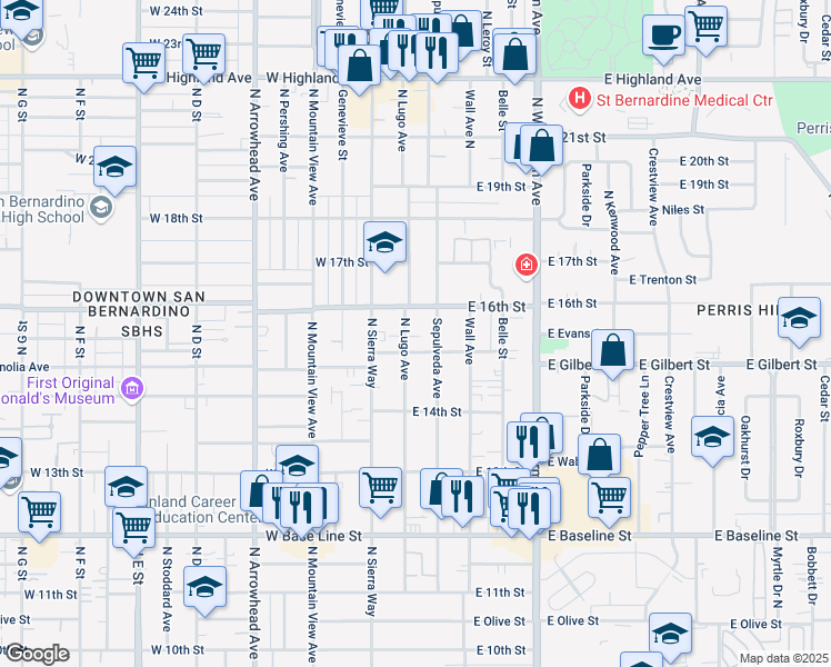 map of restaurants, bars, coffee shops, grocery stores, and more near 1543 North Lugo Avenue in San Bernardino