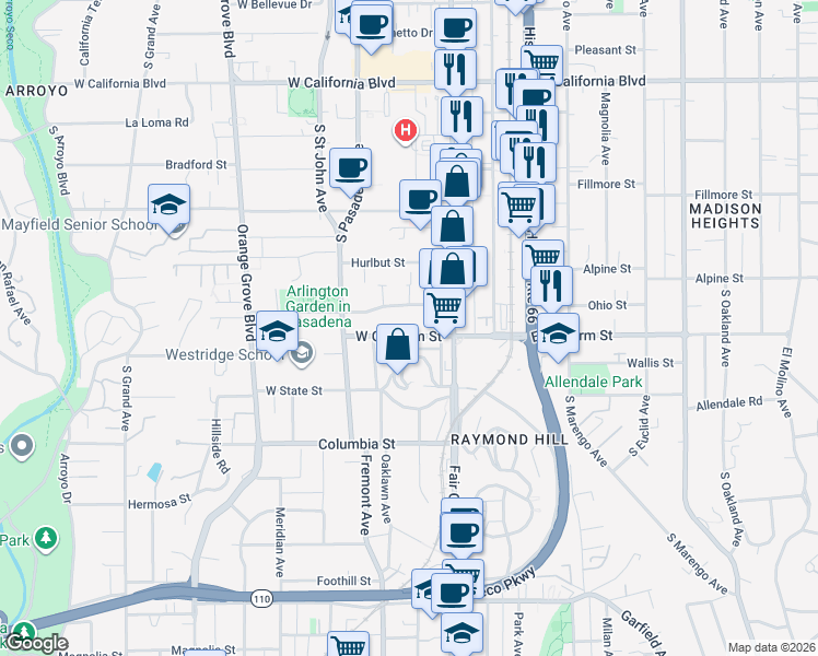 map of restaurants, bars, coffee shops, grocery stores, and more near 77 West Glenarm Street in Pasadena