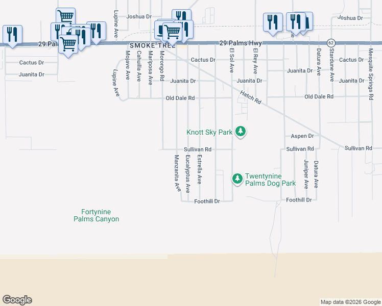 map of restaurants, bars, coffee shops, grocery stores, and more near Sullivan Road in Twentynine Palms