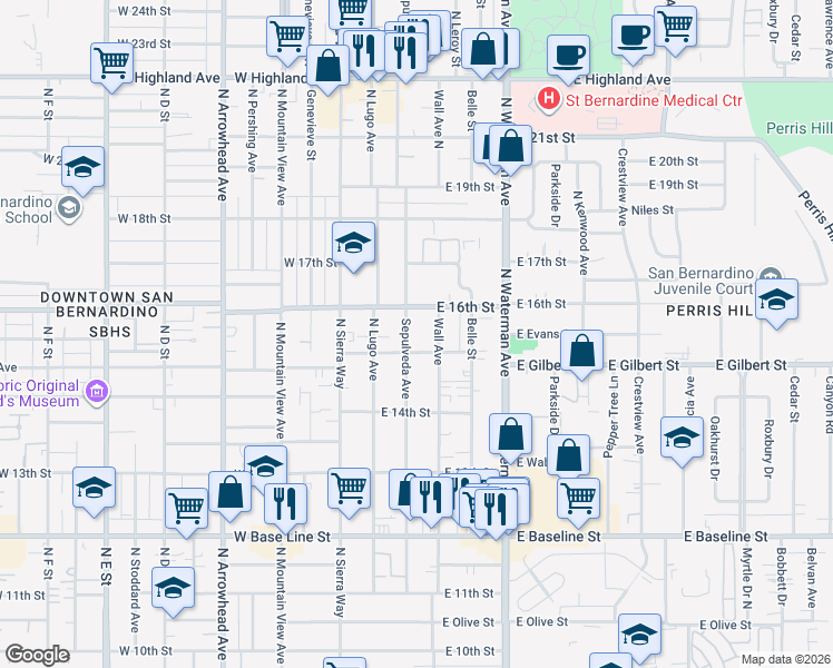 map of restaurants, bars, coffee shops, grocery stores, and more near 1545 Sepulveda Avenue in San Bernardino