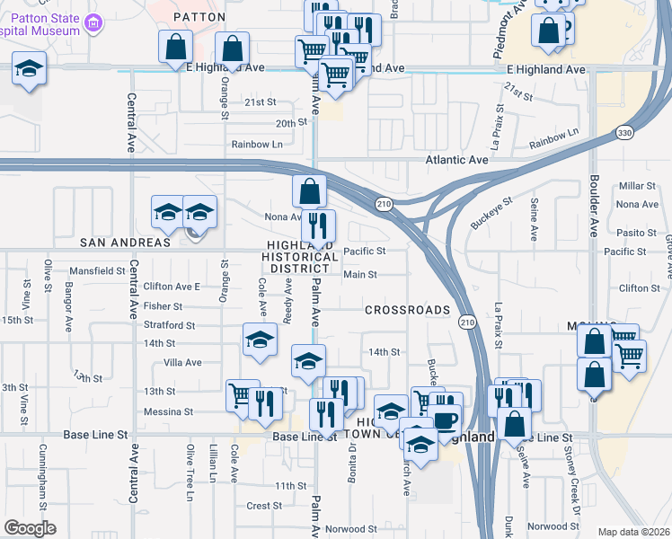 map of restaurants, bars, coffee shops, grocery stores, and more near 27344 Main Street in Highland