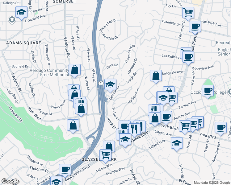 map of restaurants, bars, coffee shops, grocery stores, and more near 2746 Delevan Drive in Los Angeles