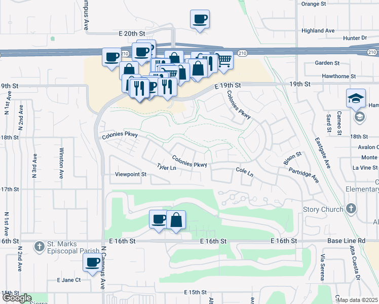 map of restaurants, bars, coffee shops, grocery stores, and more near 1274 Leggio Lane in Upland