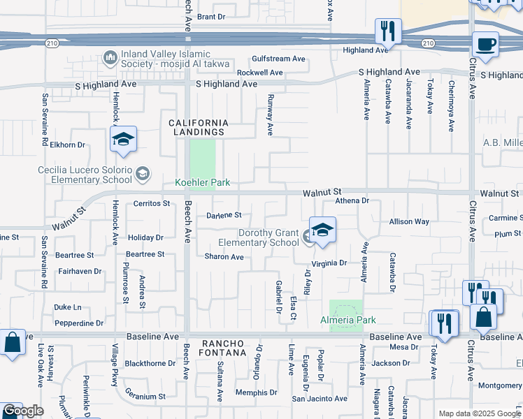 map of restaurants, bars, coffee shops, grocery stores, and more near 6944 Julian Lane in Fontana