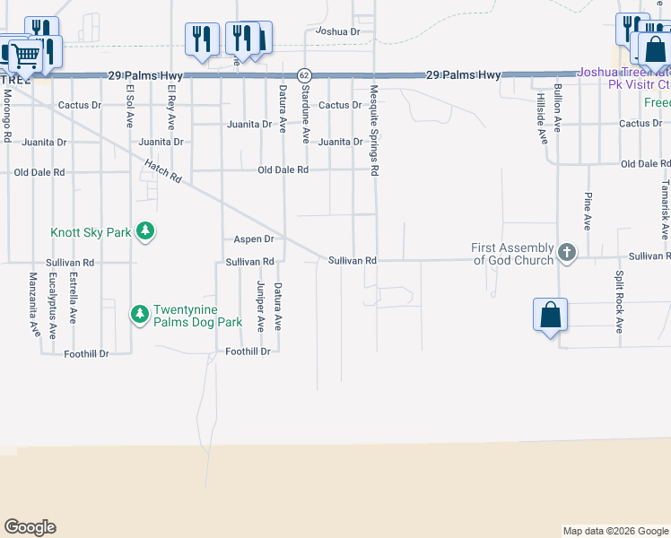 map of restaurants, bars, coffee shops, grocery stores, and more near 6908 Stardune Avenue in Twentynine Palms