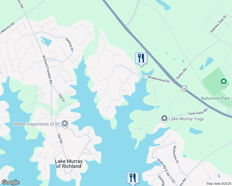 map of restaurants, bars, coffee shops, grocery stores, and more near 514 Shadowood Drive in Irmo