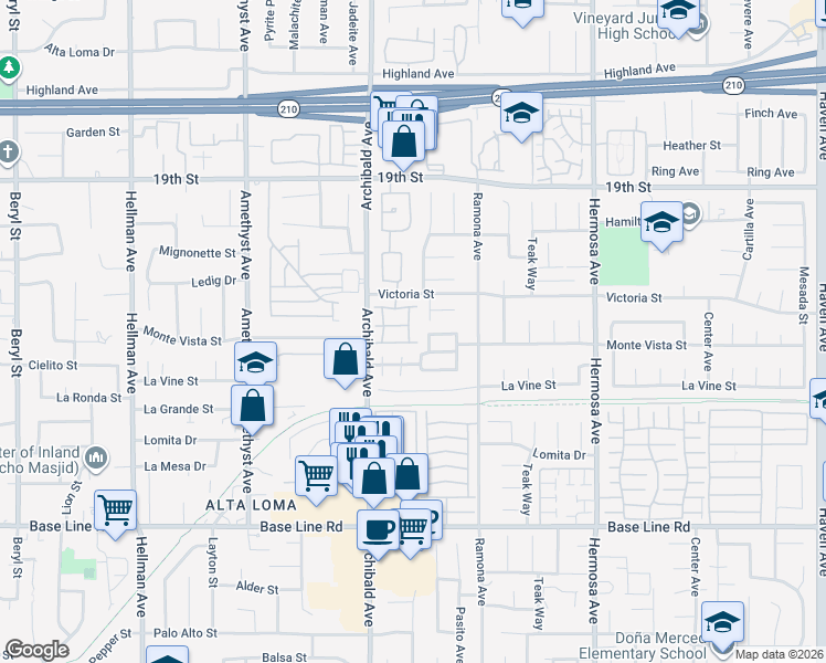 map of restaurants, bars, coffee shops, grocery stores, and more near 6949 Laguna Place in Rancho Cucamonga