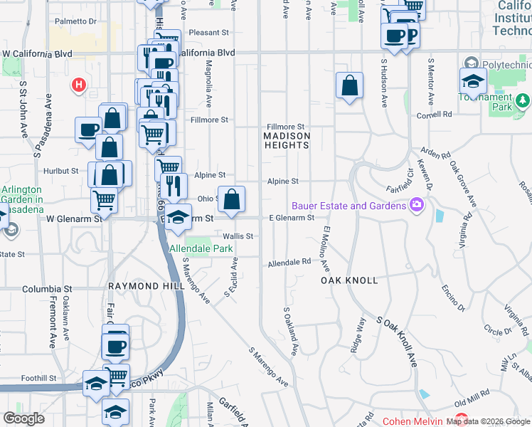 map of restaurants, bars, coffee shops, grocery stores, and more near 441 East Glenarm Street in Pasadena