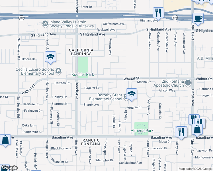 map of restaurants, bars, coffee shops, grocery stores, and more near 6944 Julian Lane in Fontana
