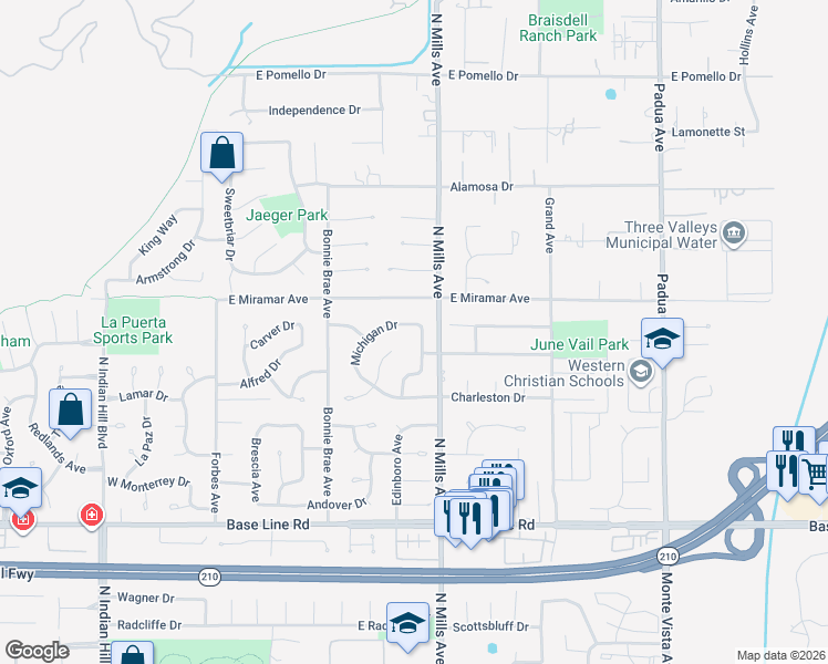 map of restaurants, bars, coffee shops, grocery stores, and more near 2490 Michigan Drive in Claremont