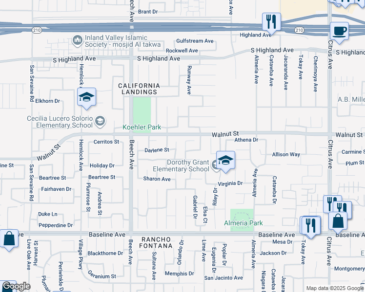map of restaurants, bars, coffee shops, grocery stores, and more near 6944 Julian Lane in Fontana