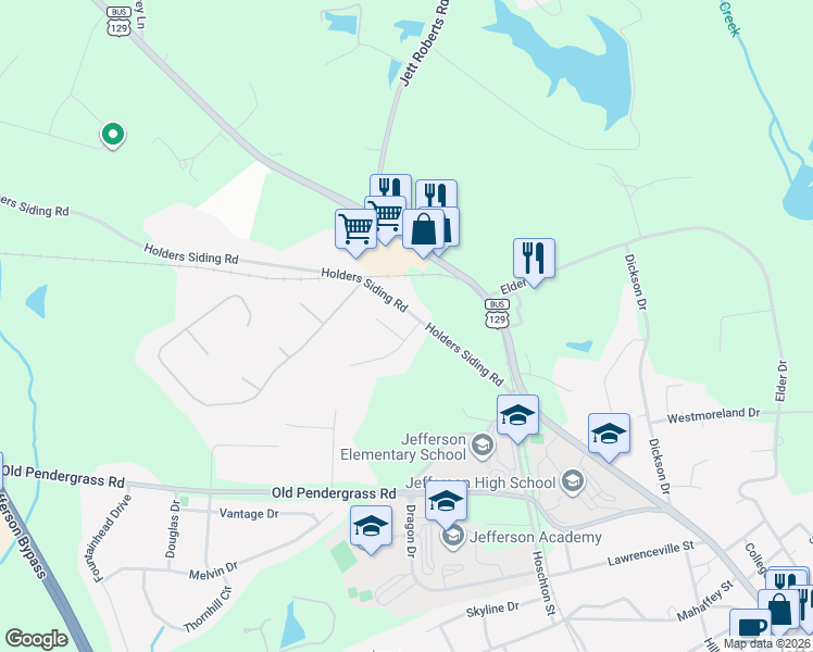 map of restaurants, bars, coffee shops, grocery stores, and more near 46 Siding Lane in Jefferson