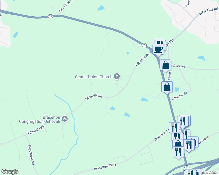 map of restaurants, bars, coffee shops, grocery stores, and more near 98 Ednaville Circle in Braselton