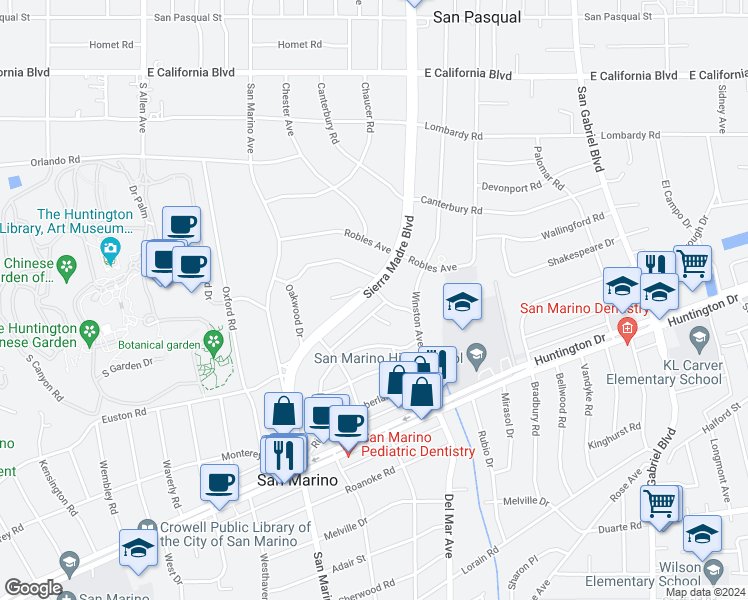 map of restaurants, bars, coffee shops, grocery stores, and more near 2512 Raleigh Drive in San Marino