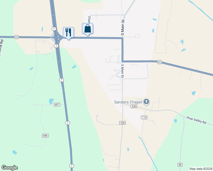 map of restaurants, bars, coffee shops, grocery stores, and more near 199 Lee Ann Drive in Water Valley