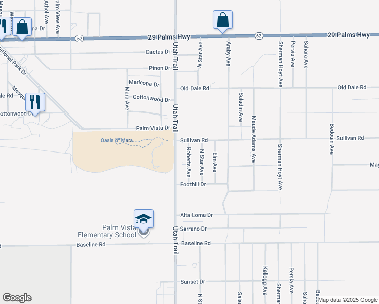 map of restaurants, bars, coffee shops, grocery stores, and more near 6927 Roberts Avenue in Twentynine Palms