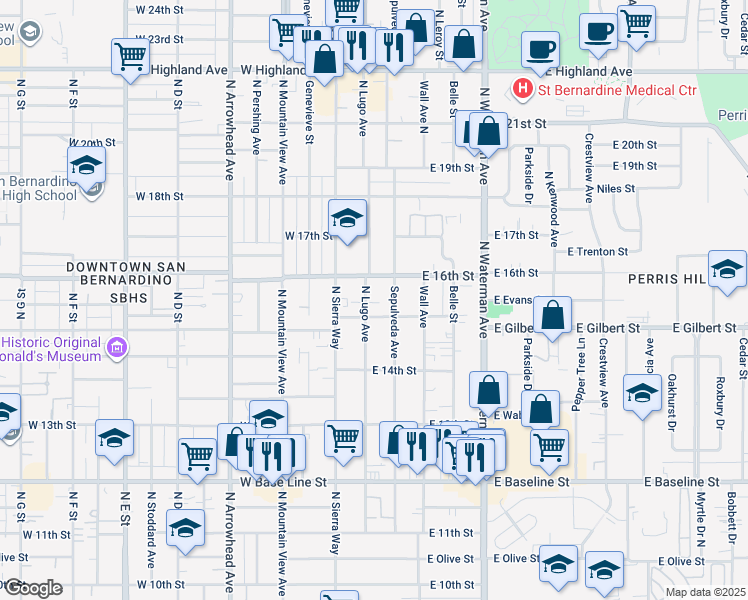 map of restaurants, bars, coffee shops, grocery stores, and more near 1585 North Lugo Avenue in San Bernardino