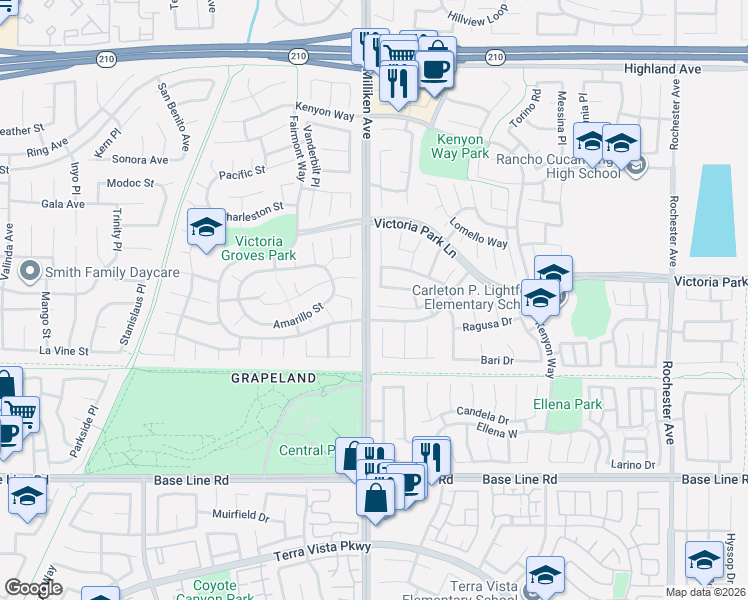 map of restaurants, bars, coffee shops, grocery stores, and more near 11329 Napoli Drive in Rancho Cucamonga