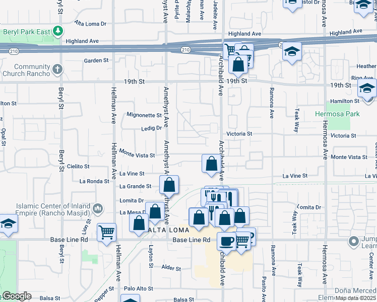 map of restaurants, bars, coffee shops, grocery stores, and more near 9556 Monte Vista Street in Rancho Cucamonga