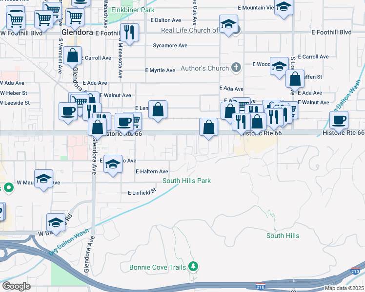 map of restaurants, bars, coffee shops, grocery stores, and more near 620 Lemar Park Drive in Glendora