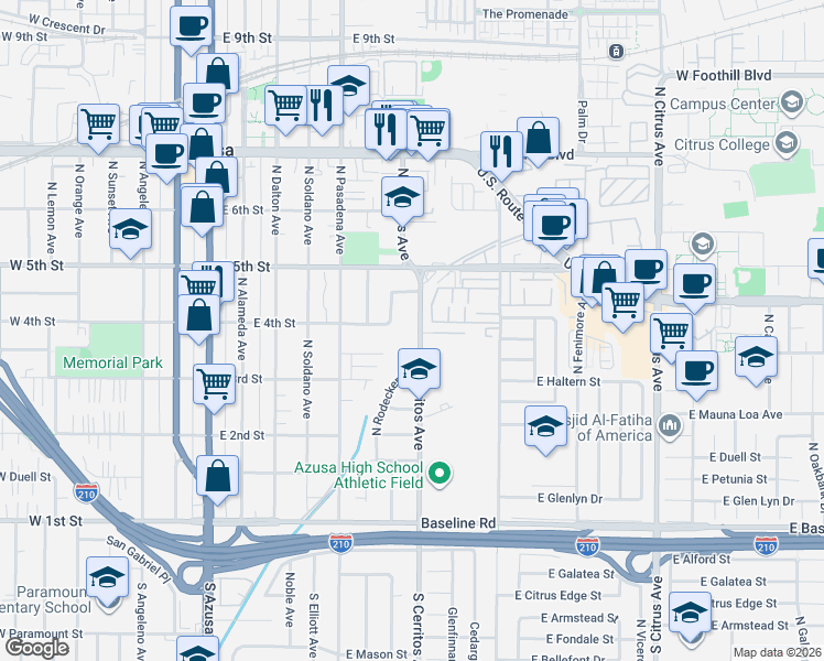 map of restaurants, bars, coffee shops, grocery stores, and more near 400 East Lee Drive in Azusa