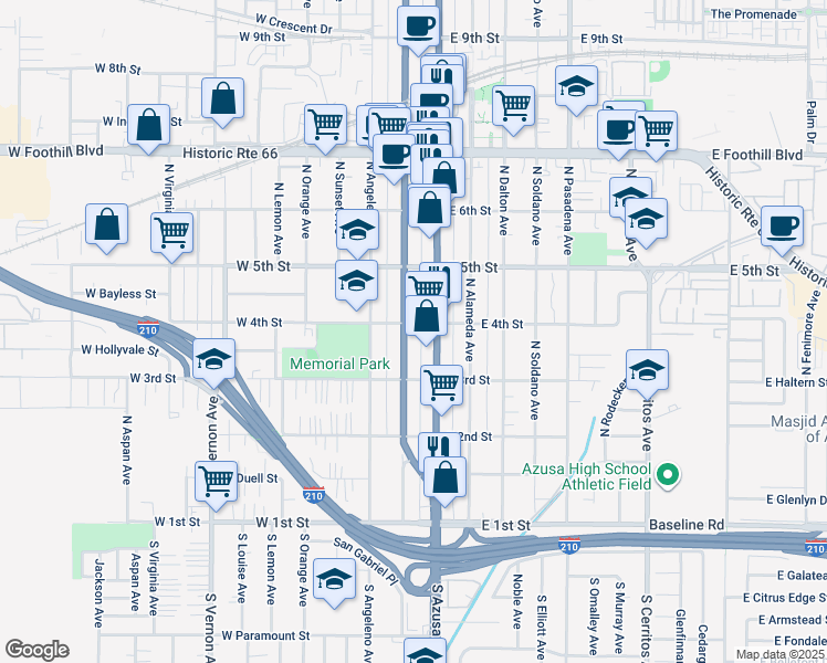 map of restaurants, bars, coffee shops, grocery stores, and more near 347 North San Gabriel Avenue in Azusa