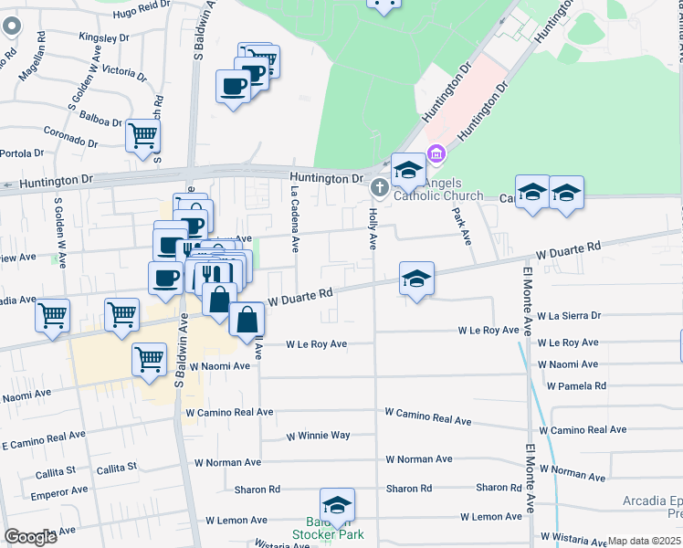 map of restaurants, bars, coffee shops, grocery stores, and more near 427 West Duarte Road in Arcadia