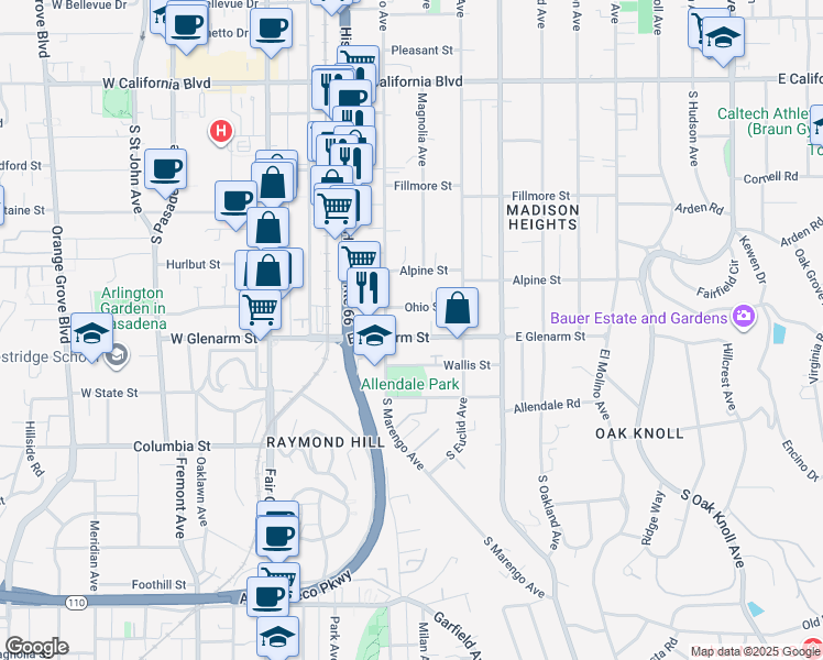 map of restaurants, bars, coffee shops, grocery stores, and more near 273 East Glenarm Street in Pasadena