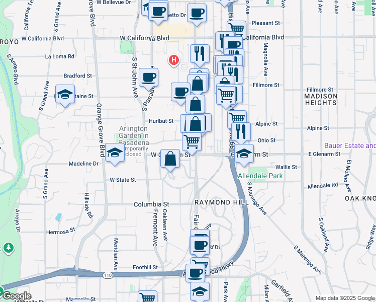map of restaurants, bars, coffee shops, grocery stores, and more near 1035 South Fair Oaks Avenue in Pasadena