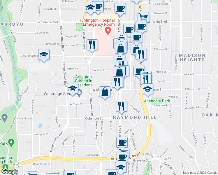 map of restaurants, bars, coffee shops, grocery stores, and more near 75 West Glenarm Street in Pasadena