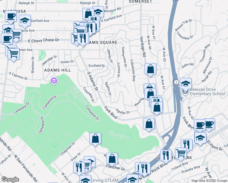 map of restaurants, bars, coffee shops, grocery stores, and more near 1635 Loma Crest Street in Glendale