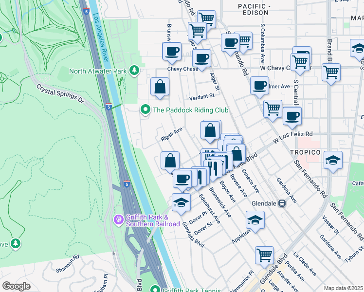 map of restaurants, bars, coffee shops, grocery stores, and more near 4139 Brunswick Avenue in Los Angeles