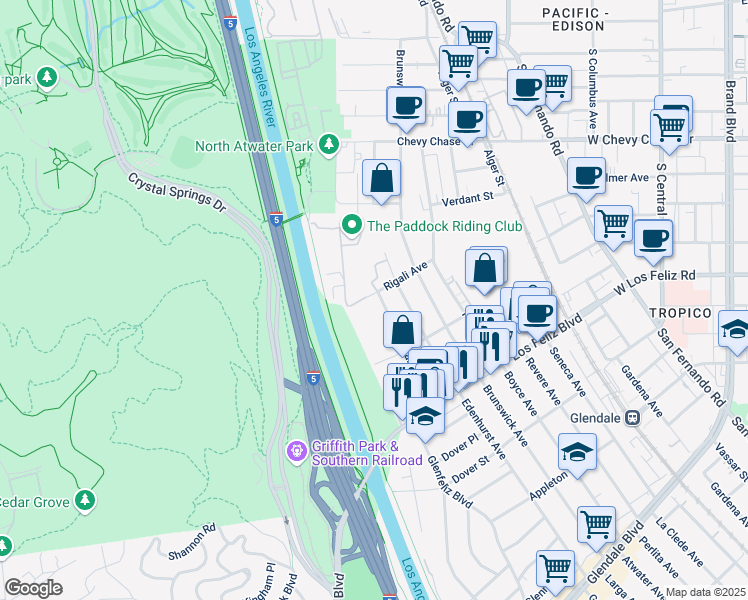 map of restaurants, bars, coffee shops, grocery stores, and more near 3935 Rigali Avenue in Los Angeles