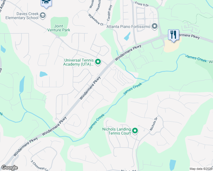 map of restaurants, bars, coffee shops, grocery stores, and more near 4345 Granby Circle in Cumming