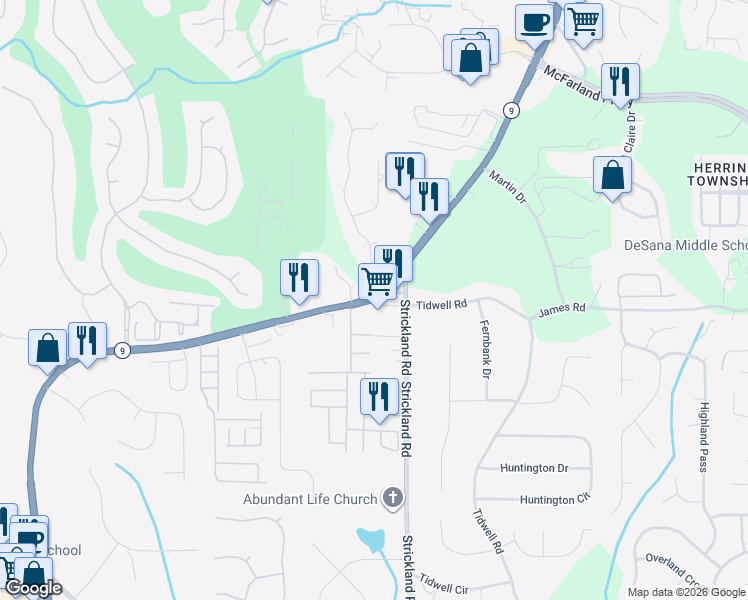 map of restaurants, bars, coffee shops, grocery stores, and more near 53 Tidwell Road in Alpharetta