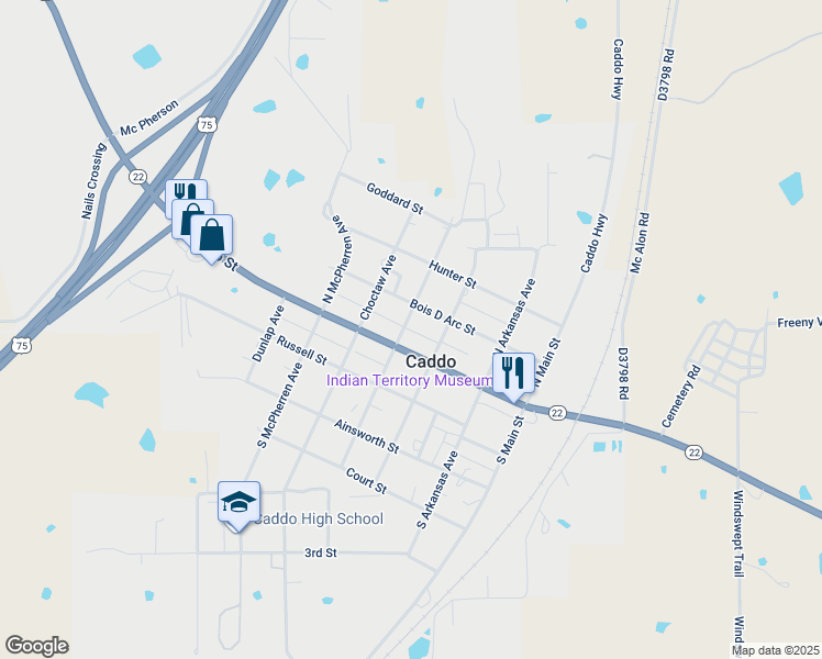 map of restaurants, bars, coffee shops, grocery stores, and more near 114 Henderson Avenue in Caddo
