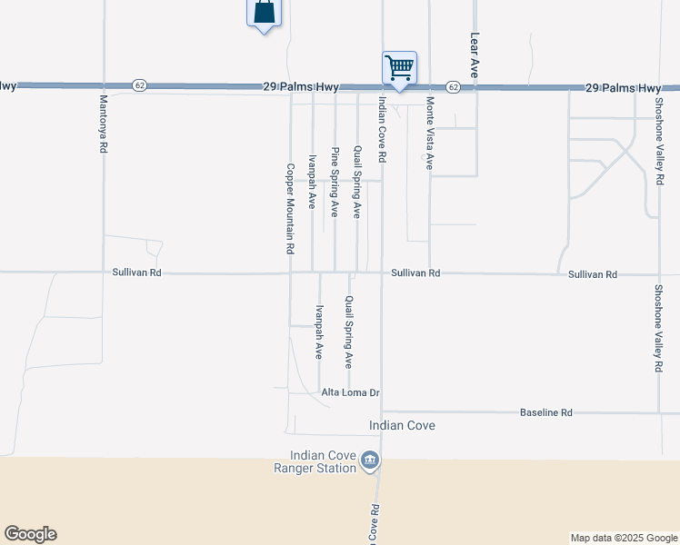 map of restaurants, bars, coffee shops, grocery stores, and more near 69010 Sullivan Road in Twentynine Palms