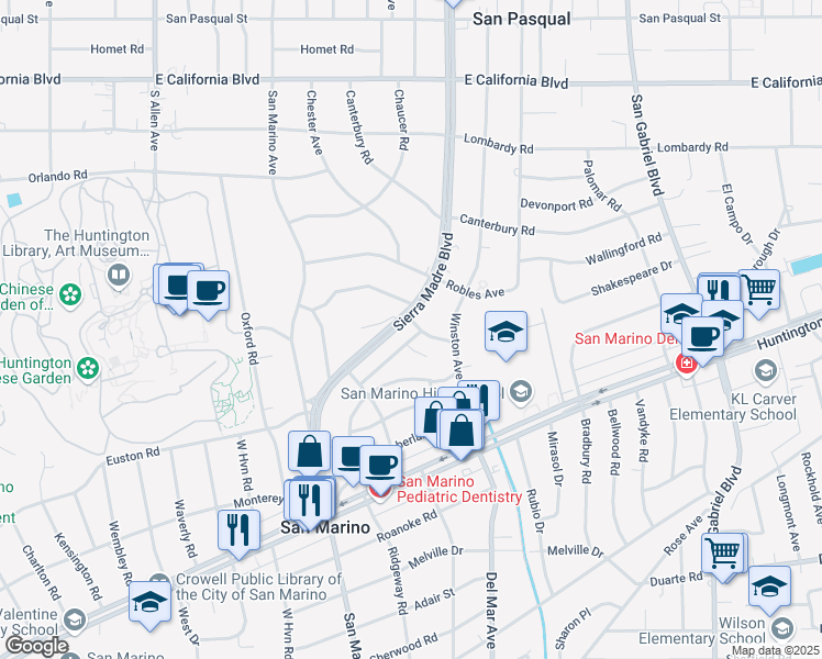 map of restaurants, bars, coffee shops, grocery stores, and more near 2512 Raleigh Drive in San Marino
