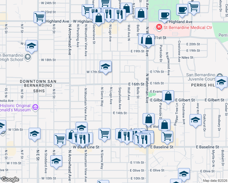map of restaurants, bars, coffee shops, grocery stores, and more near 1543 North Lugo Avenue in San Bernardino