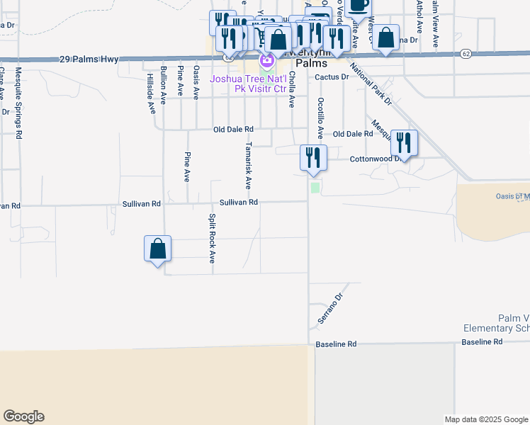 map of restaurants, bars, coffee shops, grocery stores, and more near 73591 Sullivan Road in Twentynine Palms
