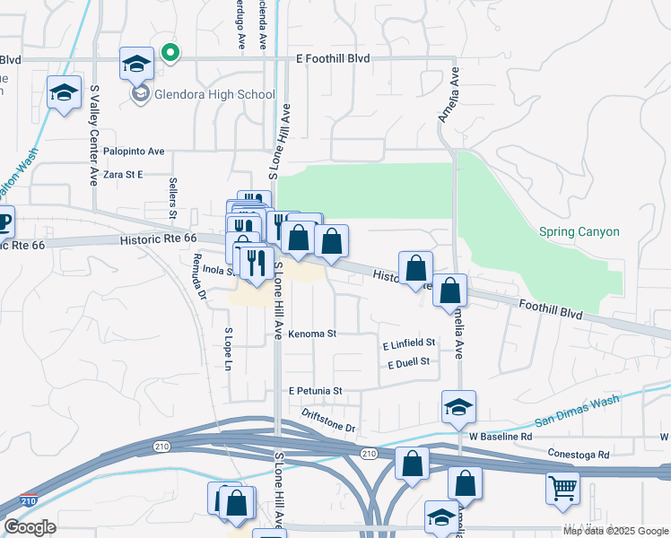 map of restaurants, bars, coffee shops, grocery stores, and more near 2022 East Route 66 in Glendora