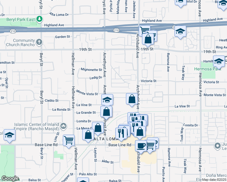 map of restaurants, bars, coffee shops, grocery stores, and more near 9556 Monte Vista Street in Rancho Cucamonga
