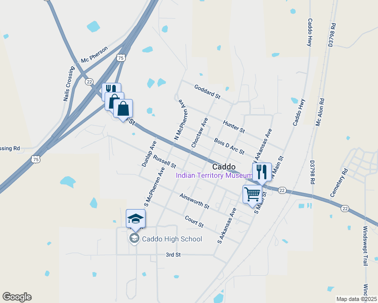map of restaurants, bars, coffee shops, grocery stores, and more near 505 Buffalo Street in Caddo