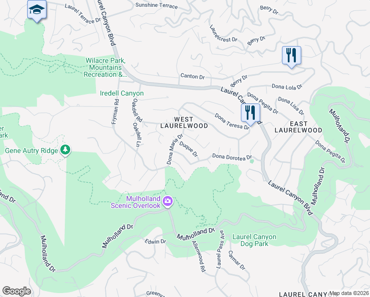 map of restaurants, bars, coffee shops, grocery stores, and more near 11546 Duque Drive in Los Angeles